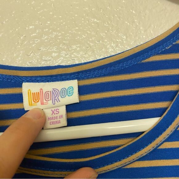 LuLaRoe t shirt dress stretch blue stripe crew neck hi low modest XS - Picture 6 of 10